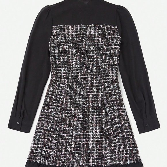 Black Casual Womens Plaid Pattern Tie Neck Button Front Tweed Dress - Picture 2 of 5